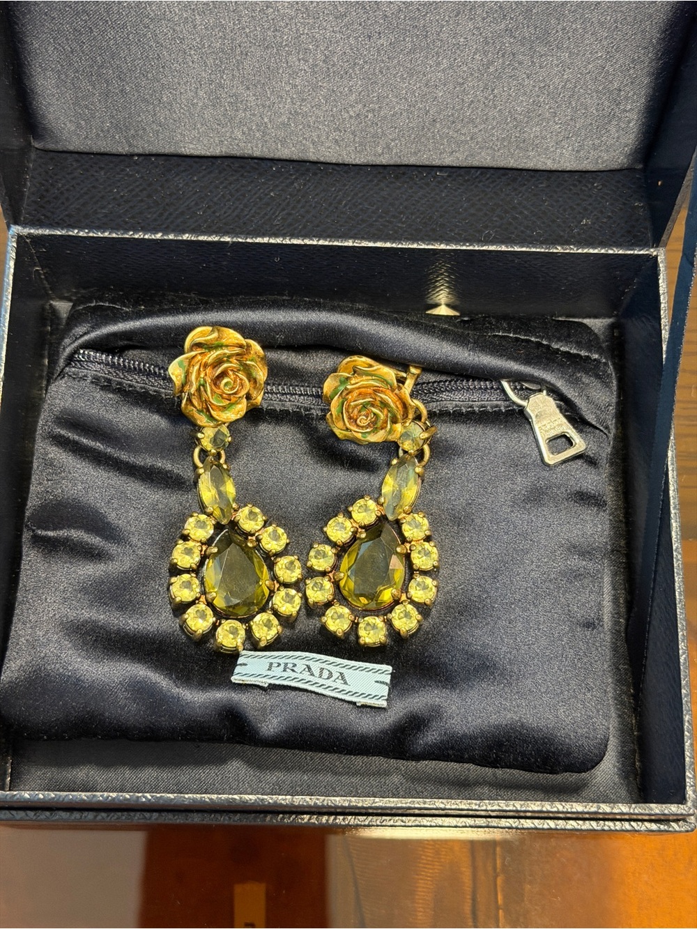Prada Gold-Tone Yellow Crystal Rose Drop Earrings